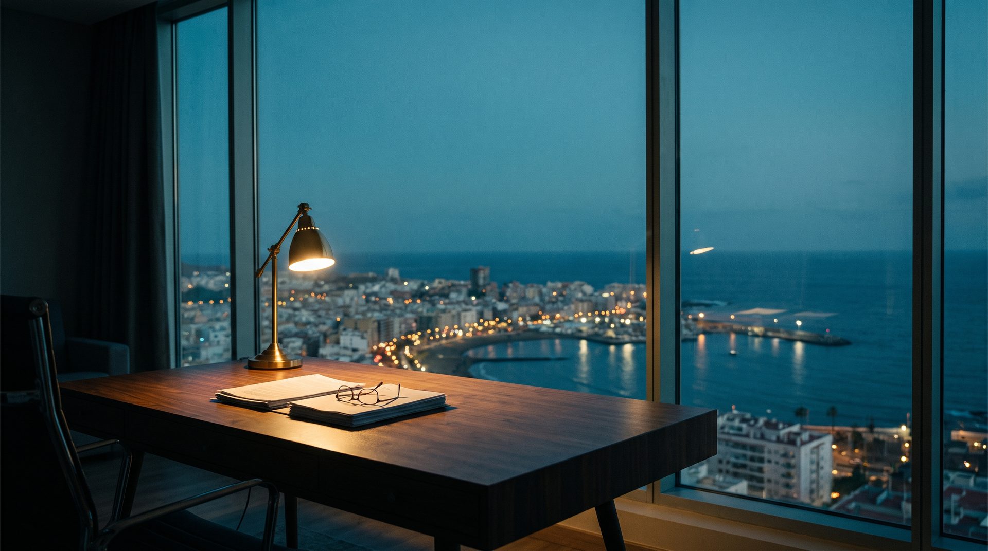 Escritorio con documentos y lámpara frente a un ventanal sobre Las Palmas de Gran Canaria al atardecer