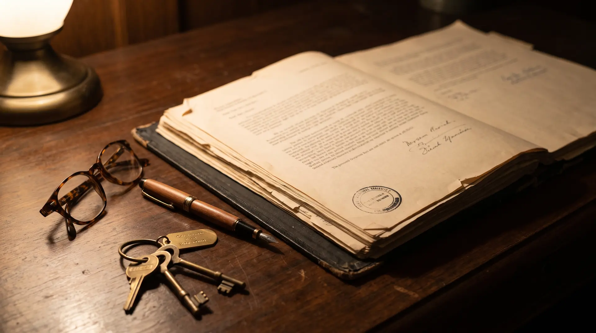 Libro de actas y estatutos de una comunidad de propietarios, con sellos, unas gafas y unas llaves sobre un escritorio